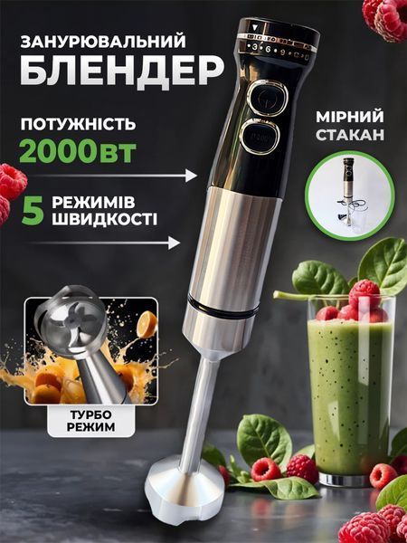 Занурювальний блендер 2000 Вт, ручний кухонний подрібнювач із 5 швидкостями та імпульсним режимом T_0100242 фото