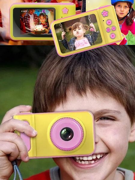 Детский ударопрочный цифровой фотоаппарат желто-розового цвета с функциями видеосъемки и играми T_2417 фото