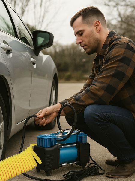 Автомобильный компрессор двухпоршневой 12V, 85 л/мин с кейсом и переходниками для шин, матрасов и лодок T_0100196 фото