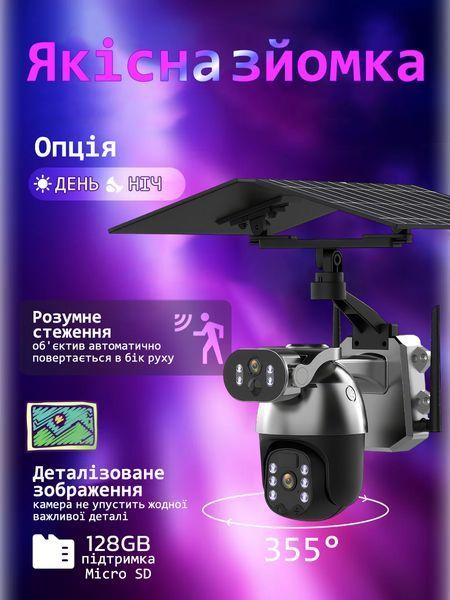Вулична 4G камера відеоспостереження 360&deg; з сонячною панеллю, 2 об&rsquo;єктиви, підтримка мобільного додатку, датчик руху, нічне бачення, чорна T_0100197 фото
