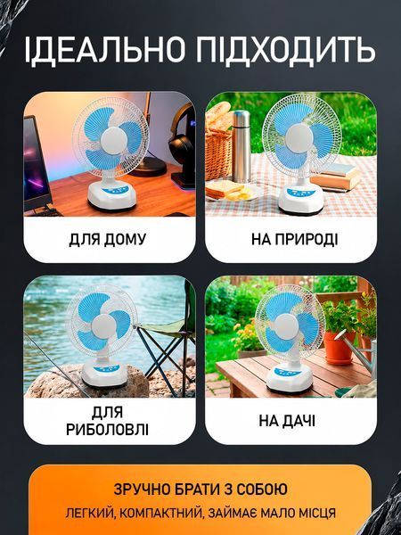 Портативний настільний вентилятор із сонячною панеллю, акумулятором 4500 мАг, USB, автоповоротом, 2 LED-лампами, білий T_0101948 фото