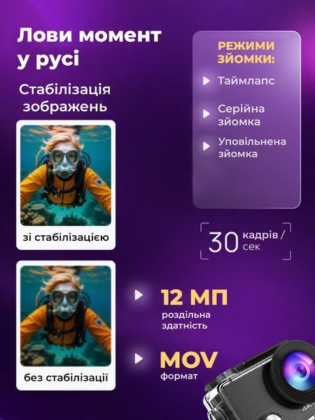 Екшн-камера з дисплеєм 4K Ultra HD Wi-Fi з водонепроникним боксом T_0100213 фото